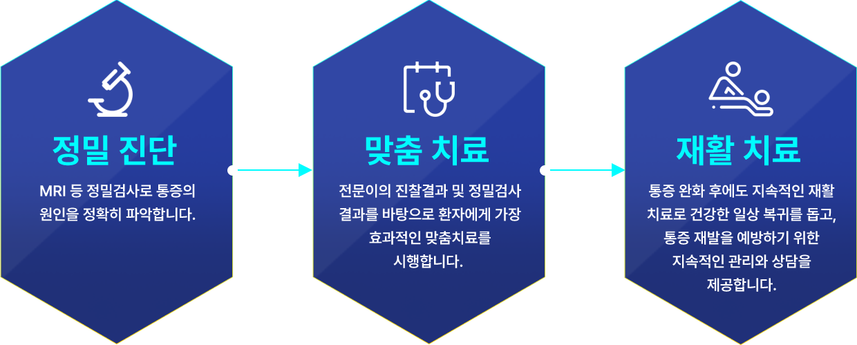 진료 프로세스: 1단계 정밀 진단, 2단계 맞춤 치료, 3단계 재활 치료