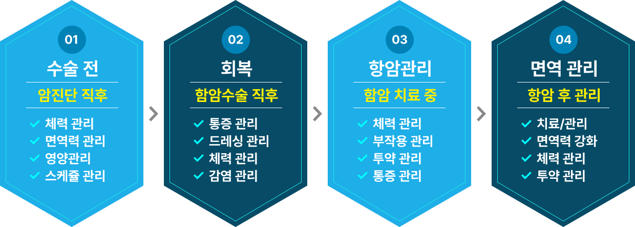 암 치료 단계별 관리 프로세스: 01 수술 전(암진단 직후 - 체력, 면역력, 영양, 스케줄 관리), 02 회복(항암수술 직후 - 통증, 드레싱, 체력, 감염 관리), 03 항암관리(항암 치료 중 - 체력, 부작용, 투약, 통증 관리), 04 면역 관리(항암 후 관리 - 치료/관리, 면역력 강화, 체력, 투약 관리)