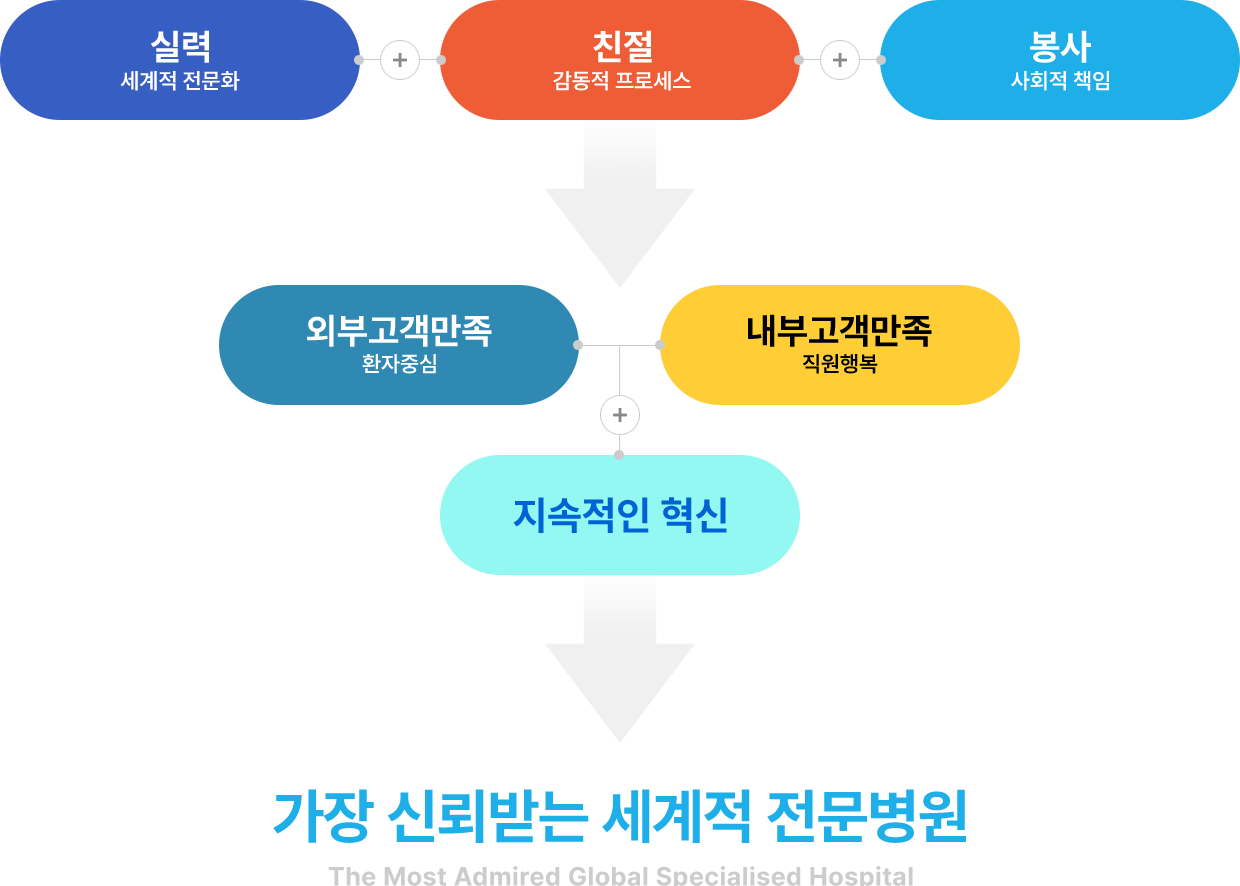 병원 핵심가치 및 비전 체계도: 실력(세계적 전문화) + 친절(감동적 프로세스) + 봉사(사회적 책임)를 통해 외부고객만족(환자중심)과 내부고객만족(직원행복) 및 지속적인 혁신을 이루어 '가장 신뢰받는 세계적 전문병원'을 목표로 함