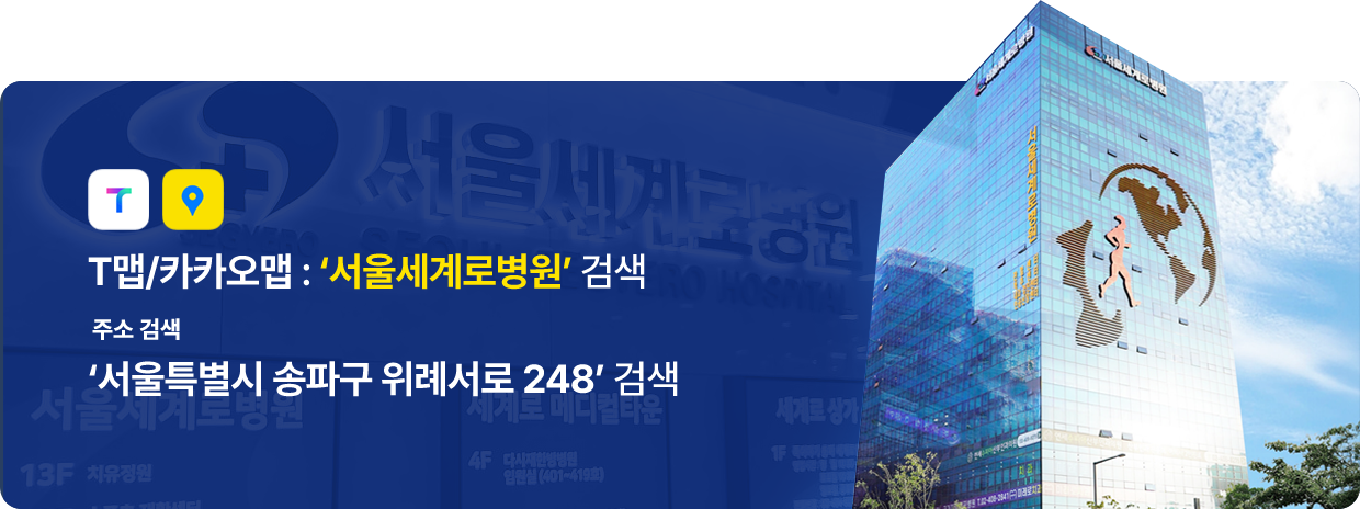 T맵/카카오맵 : '서울세계로병원' 검색, 주소검색 : '서울특별시 송파구 위례서로 248' 검색